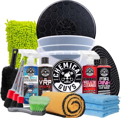 Picture of Chemical Guys 17-Piece Car Detailing Kit, Interior & Wheel Cleaner & Wash | All-in-one set for weekend and first-time users, brushes, bucket and pro-grade soap lift dirt from seats, rims and paint