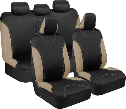 Picture of BDK UltraSleek Beige Seat Covers for Cars Full Set, Two-Tone Front Seat Covers with Matching Back Seat Cover, Stylish Car Seat Protectors with Split Bench Design,