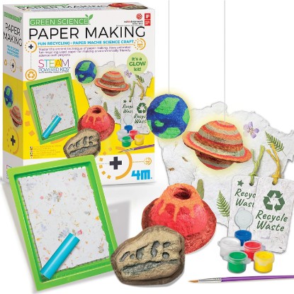 صورة 4M Green Science Paper Making Kit for Kids Ages 5-12 – Recycled Paper Craft STEM Set with Moulds, Glow-in-the-Dark Paint, Dinosaur & Planet Molds, Red Dot Award Winner, Eco-Friendly DIY Gift