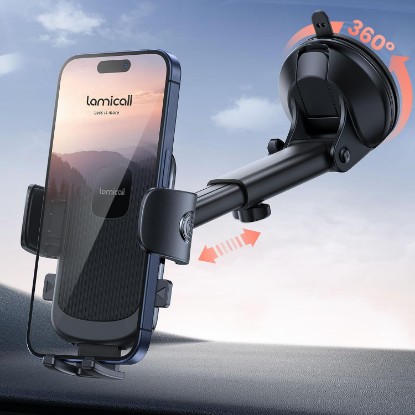 Picture of Lamicall Car Phone Holder Military-Grade Suction Cup Dashboard Windshield | 360° Rotation Phone Holders for Your Car, Quick Release Adjustable Phone Mount for Car Truck for iPhone 17 16 15 14 Pro Max Global Recycled Standard