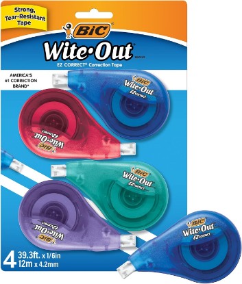 Picture of BIC Wite-Out Brand EZ Correct Correction Tape, 39.3 feet, 4-Count Pack of White Correction Tape, Fast, Clean and Easy to Use Tear-Resistant Tape Office or School Supplies