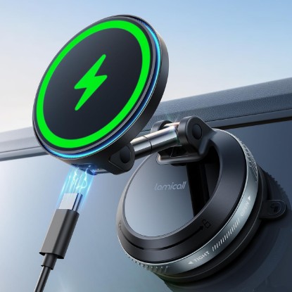 Picture of Lamicall 15W for MagSafe Car Mount Charger, 360° Wireless Car Phone Holder | Dual USB-C Ports Magnetic Phone Holder for Car, 98LBS Vacuum Suction Phone Mount for iPhone 17 16 Pro Max Truck Jeep Black Global Recycled Standard