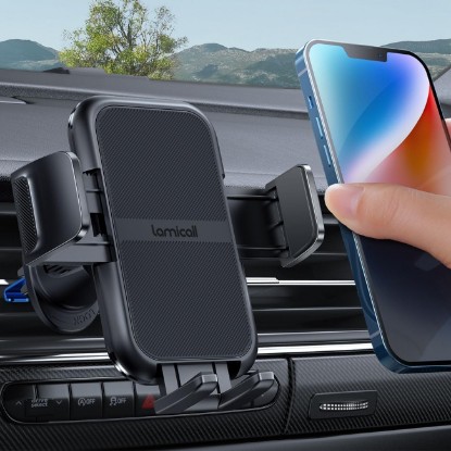 Picture of Lamicall 2026 Wider Clamp & Metal Hook Car Phone Holder Vent Accessories | Thick Cases Friendly Phone Holders for Your Car Mount Hands Free for Women Men Gift for iPhone 17 16 15 14 13 Pro Max Black Global Recycled Standard