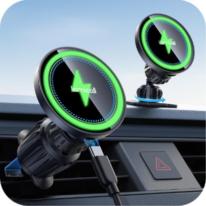 Picture of Lamicall 15W for MagSafe Car Mount Charger Vent Dashboard 360° for iPhone | 20x Strong Magnets Wireless Car Phone Holder Charger Phone Holder Accessories for Women Men for iPhone 17 16 15 Pro Max Black Global Recycled Standard