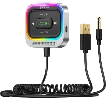 Picture of SYNCWIRE Bluetooth 5.4 Receiver 3.5mm Aux Car Adapter Bluetooth Receiver Car Kit with Coiled Cable [Large Mic Noise Cancellation] [Hands-Free Calling] [HiFi Deep Bass] [Colorful Light Switch]