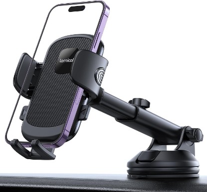 Picture of Lamicall Car Phone Holder Military-Grade Suction Cup Dashboard Windshield | 360° Rotation Phone Holders for Your Car, Quick Release Adjustable Phone Mount for Car for iPhone 17 16 15 Pro Max Dark Grey Global Recycled Standard