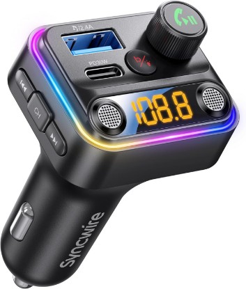 Picture of SYNCWIRE Bluetooth 5.4 FM Transmitter Car Adapter with Light Switch | 42W fast charger. Dual-mic for hands-free calling. Wireless FM radio stereo with HiFi bass and USB drive music support.