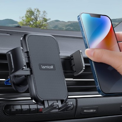Picture of Lamicall 2026 Wider Clamp & Metal Hook Car Phone Holder Vent Accessories | Thick Cases Friendly Phone Holders for Your Car Mount Hands Free for Women Men Gift for iPhone 17 16 15 14 Pro Max Dark Grey Global Recycled Standard