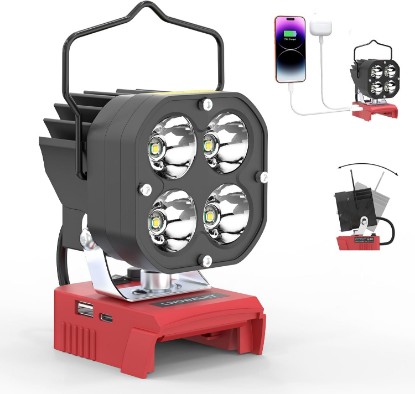 Picture of 8000LM LED Work Light Compatible with Milwaukee 18V Battery, 60W Tool Only | Portable Flashlight Jobsite Light, USB & Type-C Fast Charging, Low Voltage Protection, Handle Design for Outdoors