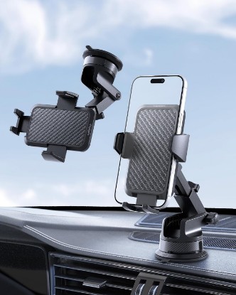 صورة Spigen Carbon Fiber Dashboard Car Mount with Multi-Angle Telescopic Arm | Quick 1-touch Release Button and Strong Suction Cup Base Mounts Compatible with iPhones, Galaxy, Pixels