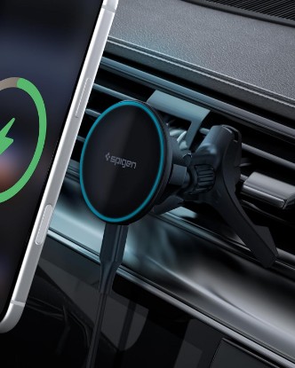 صورة Spigen Essential MagFit Qi2 Ultra-Thin 15W MagSafe Car Mount Charger | Airboost™, Dimmed RGB Lights Wireless Charger Compatible with iPhones, Galaxy with Magnetic Cases, Pixels with Pixelsnap