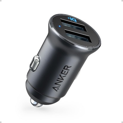 Picture of Anker 320 24W Dual-USB Mini Aluminum Car Charger with Blue LED | Compact Alloy Adapter for iPhone 16 / 15 / 14 / 13 Series, iPad Pro / Air / mini, Galaxy, and More (No Quick Charge, Black)