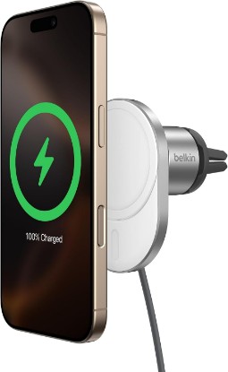 صورة Belkin 15W MagSafe-Compatible Wireless Car Charger, Vent Mount | iPhone 17/16/15/14/13, Pixel 10 compatible, fast charging, secure vent mount, hands-free driving
