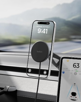 Picture of Belkin Qi2 15W Magnetic Wireless Mount for Tesla, Fast Charging Car Charger | MagSafe Compatible, iPhone 15/16/17, Samsung Galaxy S26, AirPods, iPads, MacBook, Chromebook, Car Phone Charger