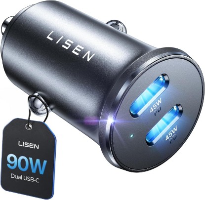 Picture of LISEN 90W USB C Car Charger USB C Fast Charge,45W PD&QC3.0 Fast Car Charger | for iPhone 17 Pro Max 16 15,Metal Cigarette Lighter USB Charger Adapter for Samsung S26, Android, 18 Phone, Car Accessories
