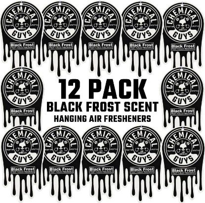 Picture of Chemical Guys Hanging Air Fresheners, Black Frost Scent, 12 Pack, for Cars | A bold, masculine aroma for car, home, locker or gym bag; hang one from the mirror to freshen the whole interior