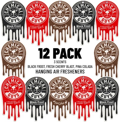 Picture of Chemical Guys Hanging Air Fresheners, Variety 12 Pack, 3 Scent Assortment | Twelve hanging fresheners in Black Frost, Cherry and Pina Colada to refresh cars, home, garage and workspace