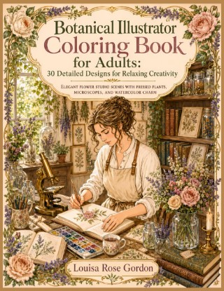 صورة Botanical Illustrator Coloring Book for Adults 30 Detailed Designs for Relaxing Creativity: Elegant flower studio scenes with pressed plants, microscopes, and watercolor charm