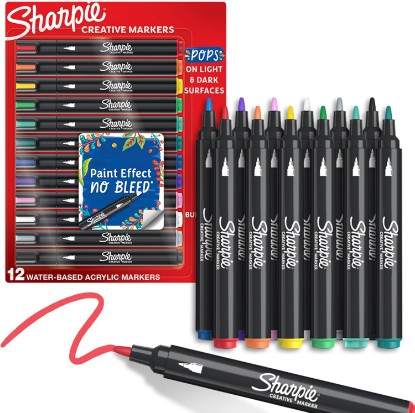 Picture of Sharpie Creative Markers, Water-Based Acrylic, Bullet Tip, Assorted Colors, 12 Count – Arts & Crafts, Kids Activity, School Classroom; Works on Paper, Metal, Wood, Ceramic, Glass, Rock, Canvas