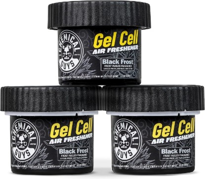 Picture of Chemical Guys Black Frost Scent Gel Can Air Freshener, Vent Control, 3 Pk | Dial each up for a strong hit or down to a hint; spill-proof gel lasts for weeks and won't leak in summer heat