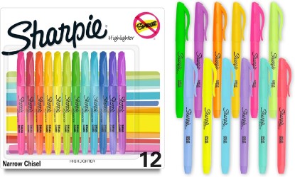Picture of Sharpie Pocket Highlighters, Chisel Tip, Assorted Colored Highlighters, Essential Teacher and Office Supplies, Classroom Must Haves, Smear-Resistant, 12-Pack