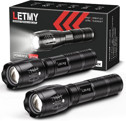 صورة LETMY Tactical Flashlight S2000-2 Pack Bright Military Grade LED Flashlights High Lumens - Portable Handheld Flash Light, 5 Modes Zoomable Waterproof Flashlights for Home Emergency Camping Outdoor