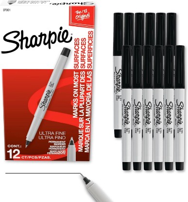 Picture of Sharpie Permanent Markers, Ultra Fine Tip, Black, 12 Count - Quick Drying, Fade Resistant