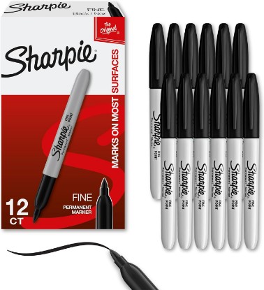 Picture of Sharpie Permanent Markers, Fine Tip, Black, 12 Count - Quick Drying, Fade Resistant, For Wood, Plastic, Paper, Metal, And More