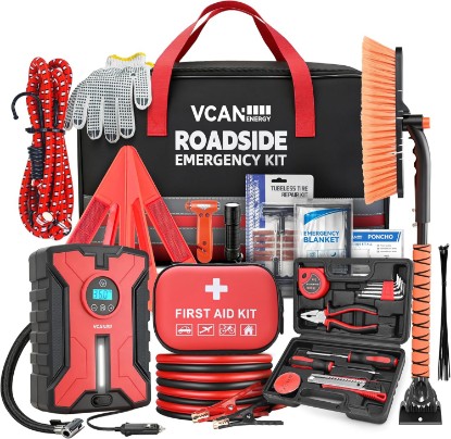 صورة Car Emergency Safety Kit Bag with Portable Air Compressor, Jumper Cables,First Aid Kit, Winter Vehicle Roadside Emergency Kit with Snow Brush and Ice Scraper, for Women, Men, Teen