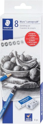 Picture of STAEDTLER Mars Lumograph Graphite Artist Sketching Set, 6 Pencils (6B, 4B, 2B, B, HB, 2H), Mini Mars Plastic Eraser, Metal Sharpener