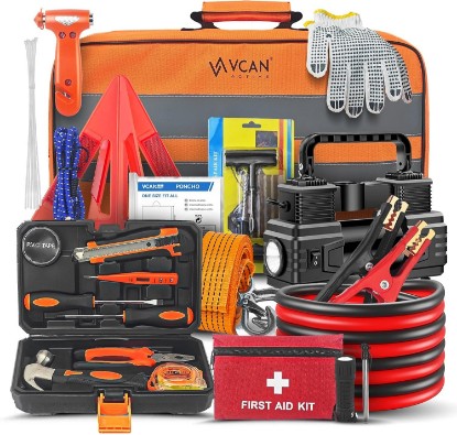 صورة Car Emergency Kit with Portable Air Compressor, First Aid Kit, Jumper Cables, Roadside Safety Emergency Tool Kit for Women, Men, Teen