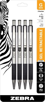 Picture of Zebra Pen STEEL G-301 Retractable Gel Pen, Black Ink, 0.7mm, 4-Pack | Stainless Steel Barrel, Textured Grip, Easy-Glide Smooth, Skipless Ink, Fine Point Tip, Professional Design (41314)