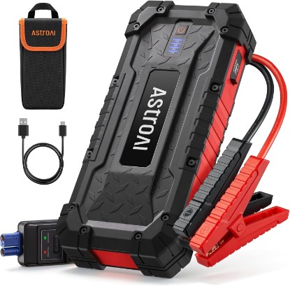Picture of AstroAI S8 Ultra 12V 4000A Lithium Jump Starter Up to All Gas/12L Diesel | Heavy-duty Battery Booster with Smart Jumper Cables, Type-C Power Bank, 3-Mode LED Flashlight, Rugged Protection, Red