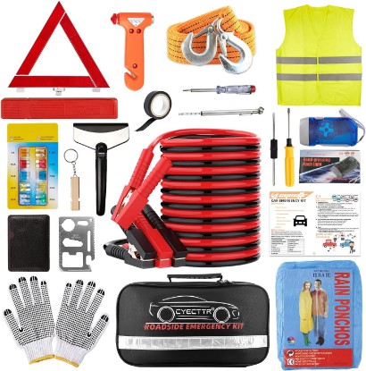 Picture of Car Roadside Emergency Kit,Auto Vehicle Truck Safety Emergency Road Side Assistance Kits with Jumper Cables,Safety Hammer,Reflective Warning Triangle,Tire Pressure Gauge,Tow Rope,etc