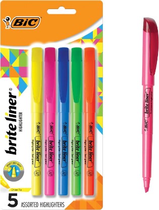 Picture of BIC Brite Liner Highlighters, Chisel Tip, 5-Count Pack, Assorted Colors | Ideal for Students and Teachers | Perfect for Notes and Textbooks | Bright Fluorescent Ink, Smudge Resistant, ACMI Approved