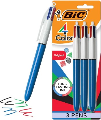 Picture of BIC 4-Color Original Retractable Ballpoint Pen, 1.0 mm Medium, 3-Count Pack | Assorted Ink Colors, Comfortable Wide Barrel, Long-Lasting Ink, Medium Point, Ideal for School, Office, Or Home