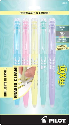 Picture of PILOT FriXion Erasable Highlighters, Chisel Tip, Assorted Color Inks, 5pk | Book highlighters, pastel highlighters no bleed, erasable ink, chisel tip, Light Pastel Collection