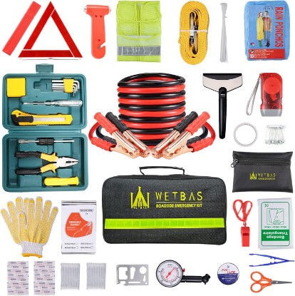 Picture of Car Emergency Roadside Kit with Jumper Cables, Vehicle Auto Car Safety Kits | Road Side Assistance Kits Essentials for Men Women, Automotive Safety Kit, with Safety Hammer + Reflective Warning Triangle