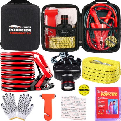 Picture of LIANXIN Car Roadside Emergency Kit,with Jumper Cables Car Safety Kits | Emergency Car Kit Tow Straps Headlamp Jumping Cables Safety Hammers Gloves, Breakdowns Gifts for New Drivers