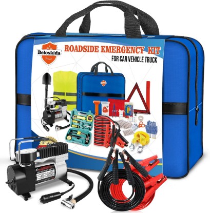 صورة Emergency Car Kit,Roadside Emergency Tool Kit for Vehicle Truck with Air Compressor Jumper Cable First Aid Kit,Winter Auto Road Side Kit Women Men Car Travel Safety Assistance Survival Essentials Kit