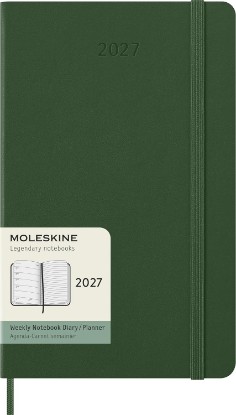 Picture of Moleskine 2027 12-Month Weekly Planner, Large, Myrtle Green, Hardcover | January-December 2027 Large (5" x 8.25") 144-page weekly planner with ruled notes pages, stickers, and expandable pocket.