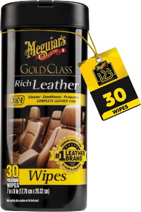 Picture of Meguiar's Gold Class Rich Leather Wipes, 30 Wipes | Leather Car Cleaning Wipes that Offer Conditioning and UV Protection, Rich Moisturizers Help Prevent Drying Out and Cracking