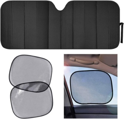 Picture of Motor Trend AS-311+SS-002 Black Front Windshield Sun Static Cling Side Window Shade-Accordion Folding Auto Sunshade for Car Truck SUV 58 x 24 Inch
