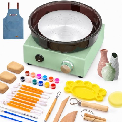 صورة Mini Pottery Wheel for Kids, Beginners, Adults, All-in-one Kit | 6" Clay Wheel, Adjustable Speed, Two-Way Rotation, Removable Splash Tray, 18PCS Tools, Birthday Gift for Teens Girls Boys