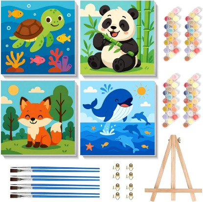 Picture of Arttoplus 4 Pack Paint by Numbers Kit for Kids with Frame Animals 8x8 inch | Cute Animals Kids Paint by Numbers Ages 4-6-8 with Wooden Easel, Easy DIY Acrylic Oil Painting by Number for Gift Home Decor