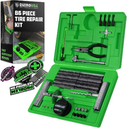 صورة Rhino USA Tire Repair Kit (86-Piece) - Heavy Duty Tire Plug Kit | Professional 86-Piece Plug Set for Punctures & Flats. Tubeless Repair for Car, Motorcycle, ATV, UTV, RV & Trailer.