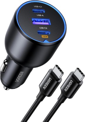 Picture of UGREEN 130W USB C Car Charger with Cable, Type C Cigarette Lighter Adapter | 2 USB-C 1 USB-A, Compatible with iPhone 17 Air 17 Pro 17 Pro Max 16 15 14 13 12, Galaxy S25 S24 S23 Ultra, iPad, MacBook ClimatePartner certified