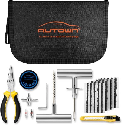 صورة AUTOWN Flat Tire Repair Kit with Plugs 31pcs, Professional Tire Plug Kit | Universal Emergency Tools for Car, Motorcycle, ATV, Jeep, Truck, Tractor, SUV Flat Tire Puncture Repair