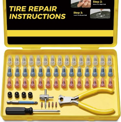 صورة AUTOWN Tire Repair Kit with Tire Plug Screw Type, Heavy Duty Emergency Tool | 58pcs Value Kit, Professional Flat Tire Puncture Repair Nail Kit for Car, Truck, Motorcycle, SUV, ATV, Tractor, and More