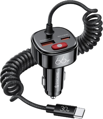 Picture of SYNCWIRE USB C Car Charger 66W Super Fast Car Adapter with 6FT Coiled Cable | Battery Leakage Prevention with PD & QC 3.0 Fast Charging. Fits iPhone 17/16/15 Series, Samsung Galaxy, and Google Pixel.